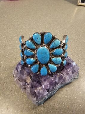 NAVAJO Handcrafted Sterling Silver Cuff Bracelet with  Turquoise SIGNED